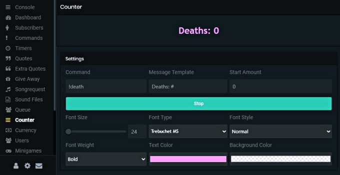 Streamlabs Chatbot commands - death counter